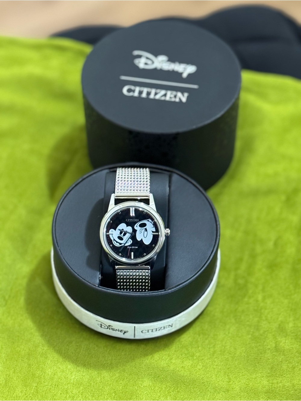 Citizen Men's Silver Mesh Watch with Black Mickey Dial